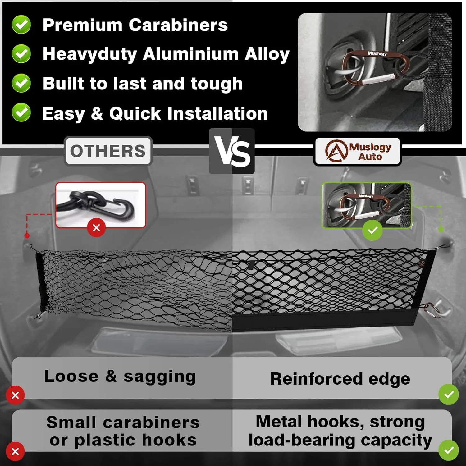 Muslogy Envelope Style Trunk Cargo Net Compatible with 2021-2025 Chevy Suburban&Tahoe, GMC Yukon&Yukon XL, Cadillac Escalade Accessories Upgraded Mesh Storage Luggage Net with Metal Hooks