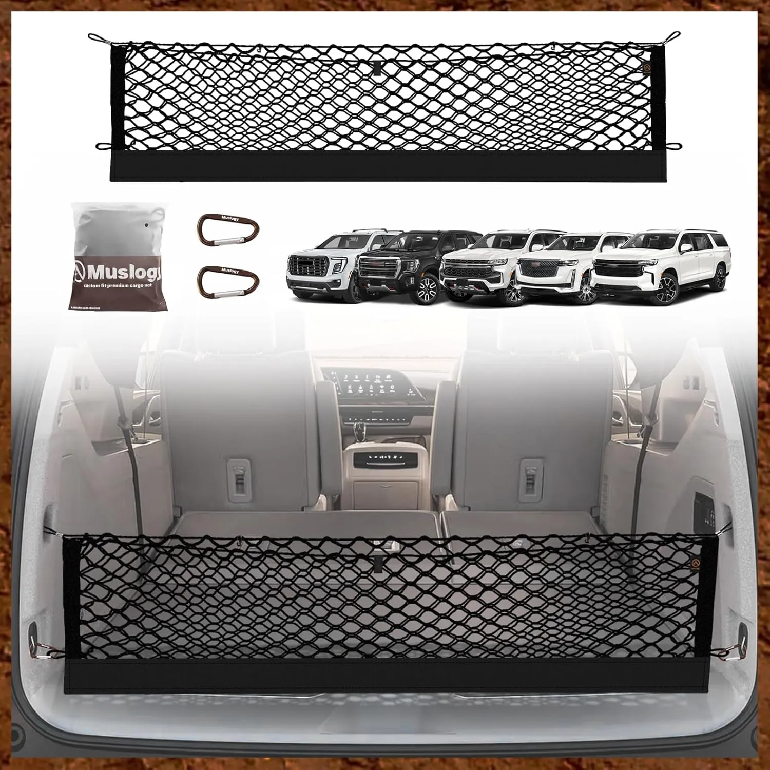 Muslogy Envelope Style Trunk Cargo Net Compatible with 2021-2025 Chevy Suburban&Tahoe, GMC Yukon&Yukon XL, Cadillac Escalade Accessories Upgraded Mesh Storage Luggage Net with Metal Hooks