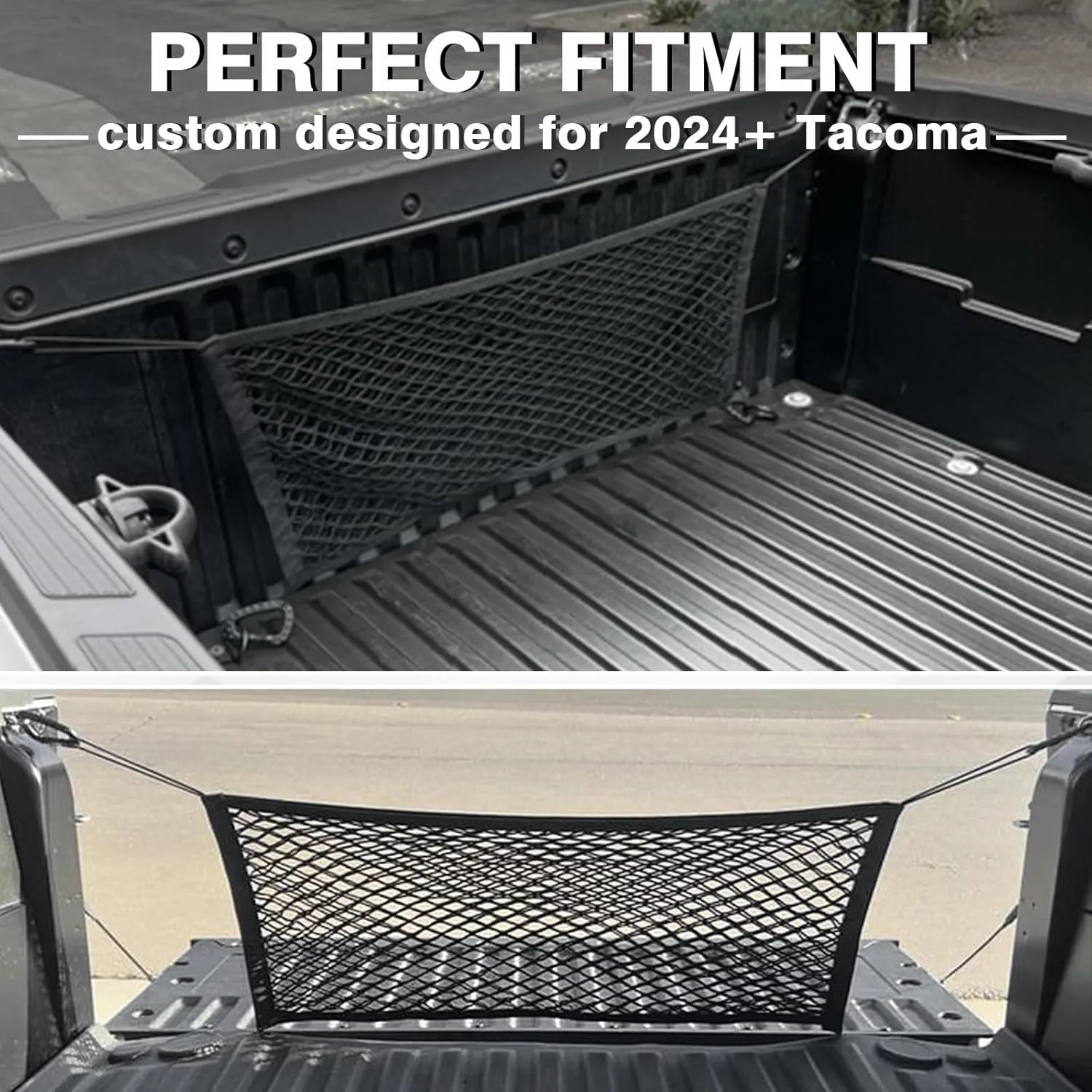 Muslogy Truck Bed Cargo Net Envelope Style Compatible with 2024 2025 Toyota Tacoma Accessories Elastic Mesh Bed Net Stretchable Cargo Organizer with Hooks and Stainless Screw Replacement