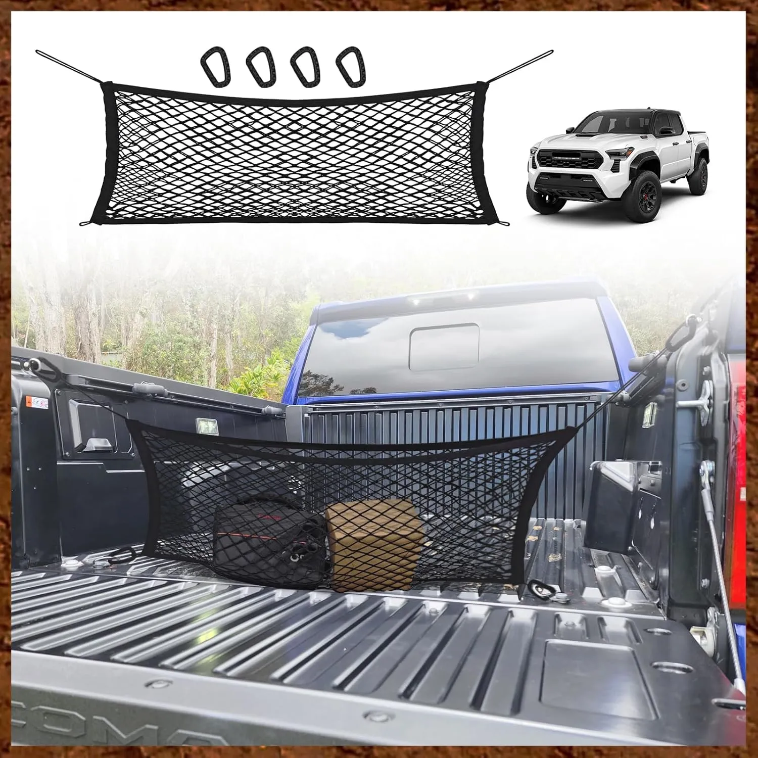 Muslogy Truck Bed Cargo Net Envelope Style Compatible with 2024 2025 Toyota Tacoma Accessories Elastic Mesh Bed Net Stretchable Cargo Organizer with Hooks and Stainless Screw Replacement