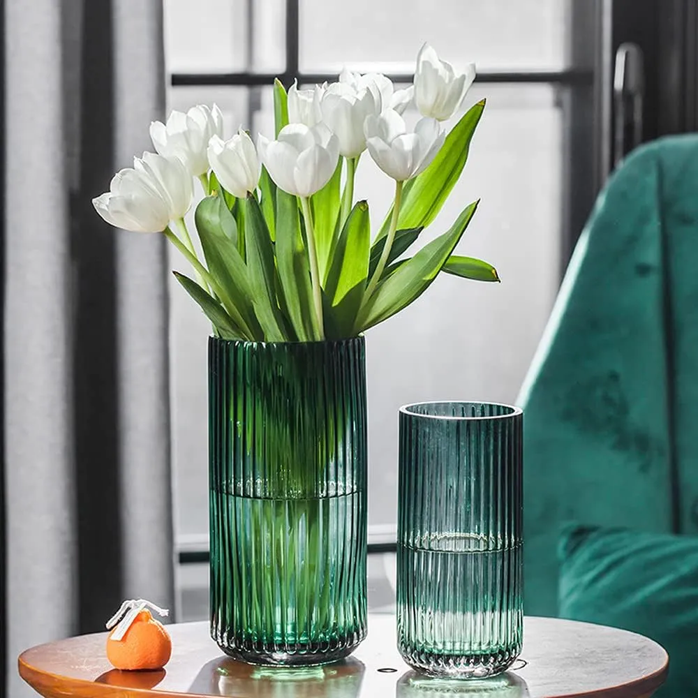 Muyan 7.5" Flower Vase for Decor Ribbed Glass Vase Modern for Centerpieces Desktop Home Office Dining Living Room Wedding (Green)