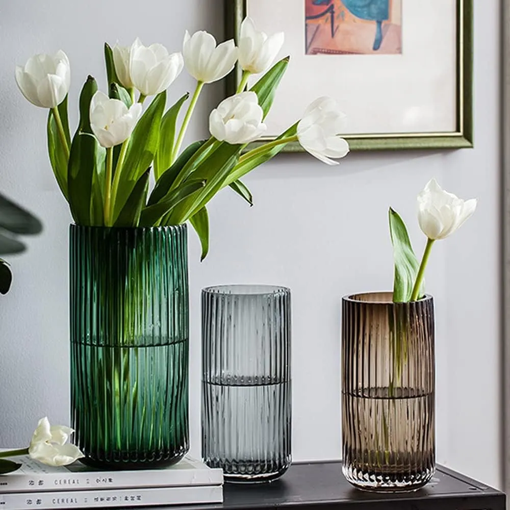 Muyan 7.5" Flower Vase for Decor Ribbed Glass Vase Modern for Centerpieces Desktop Home Office Dining Living Room Wedding (Green)