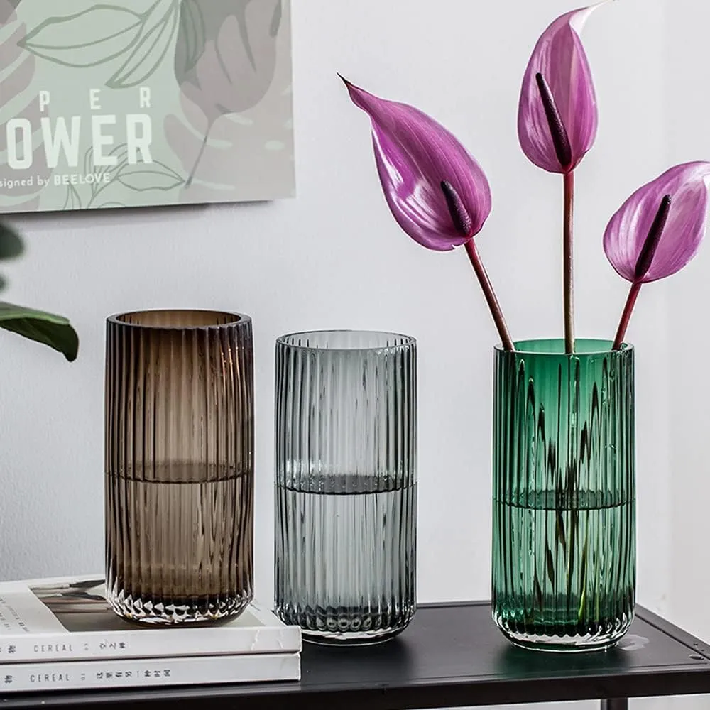 Muyan 7.5" Flower Vase for Decor Ribbed Glass Vase Modern for Centerpieces Desktop Home Office Dining Living Room Wedding (Green)