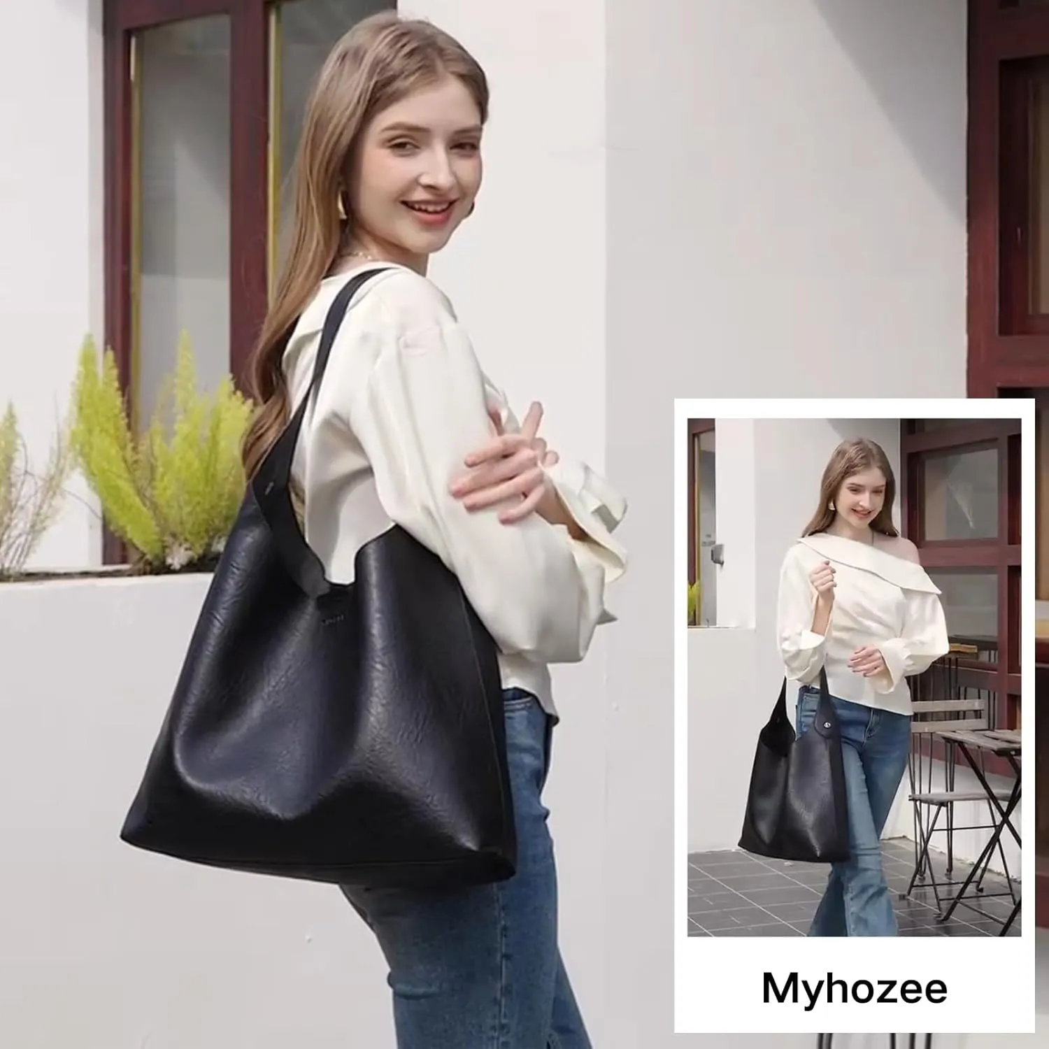 MYHOZEE Large Hobo Bags for Women Soft Leather Tote Bag Set of 2 Crossbody Shoulder Bag Slouch Purse with Removable Strap