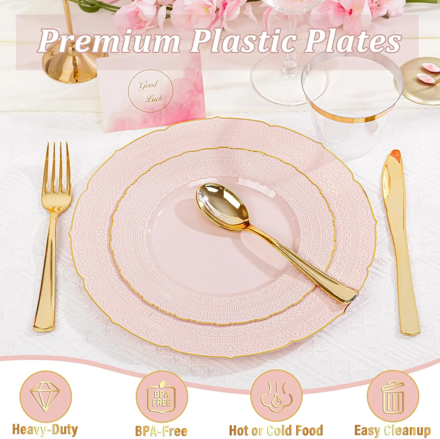 Nervure 175PCS Pink Plastic Plates - Pink Gold Disposable Lace Plate for 25 Guests - 50 Disposable Plates, 25 Pre Rolled Napkins with Cutlery Set, 25 Cups Perfect for Wedding & Party