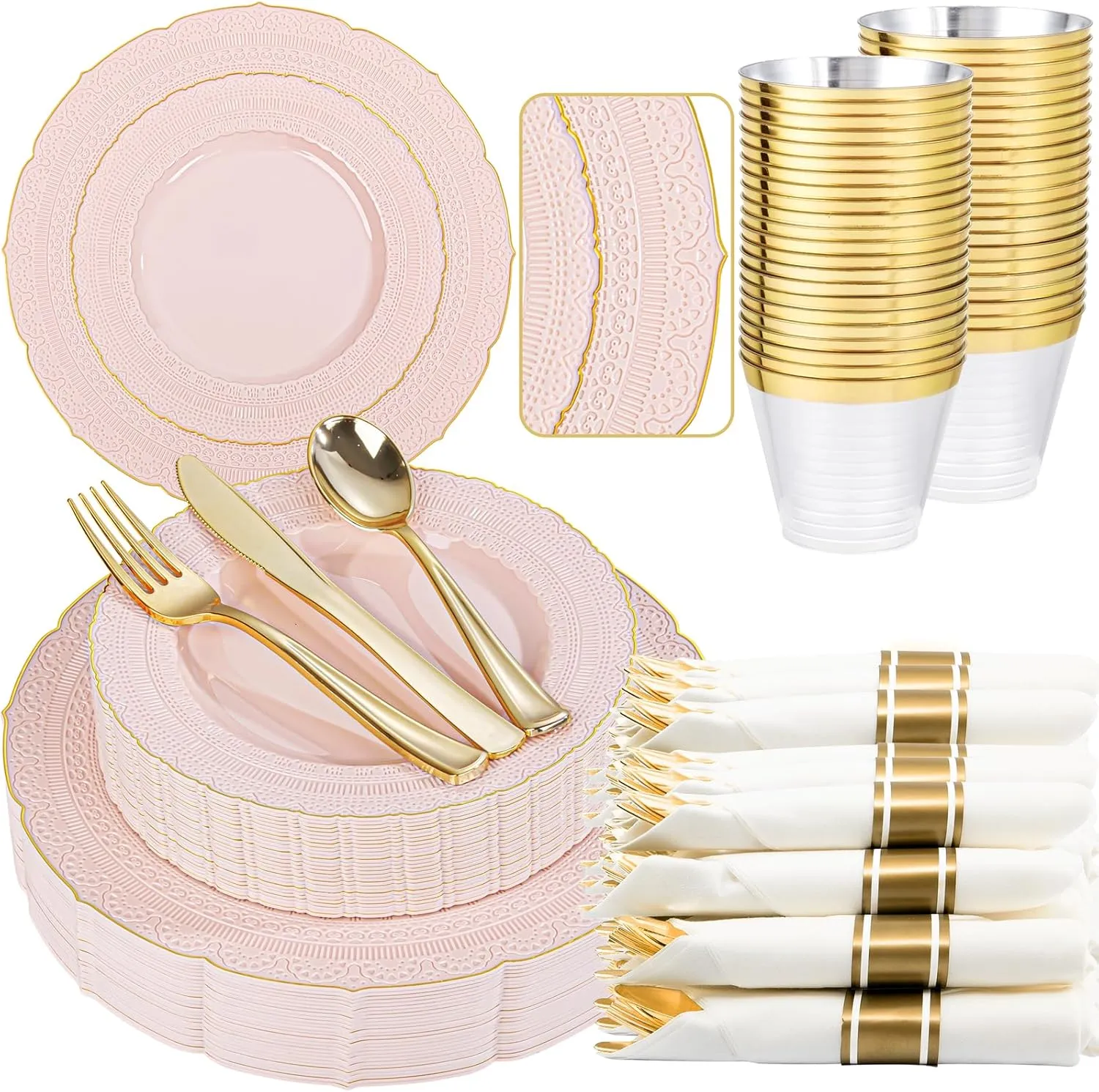 Nervure 175PCS Pink Plastic Plates - Pink Gold Disposable Lace Plate for 25 Guests - 50 Disposable Plates, 25 Pre Rolled Napkins with Cutlery Set, 25 Cups Perfect for Wedding & Party