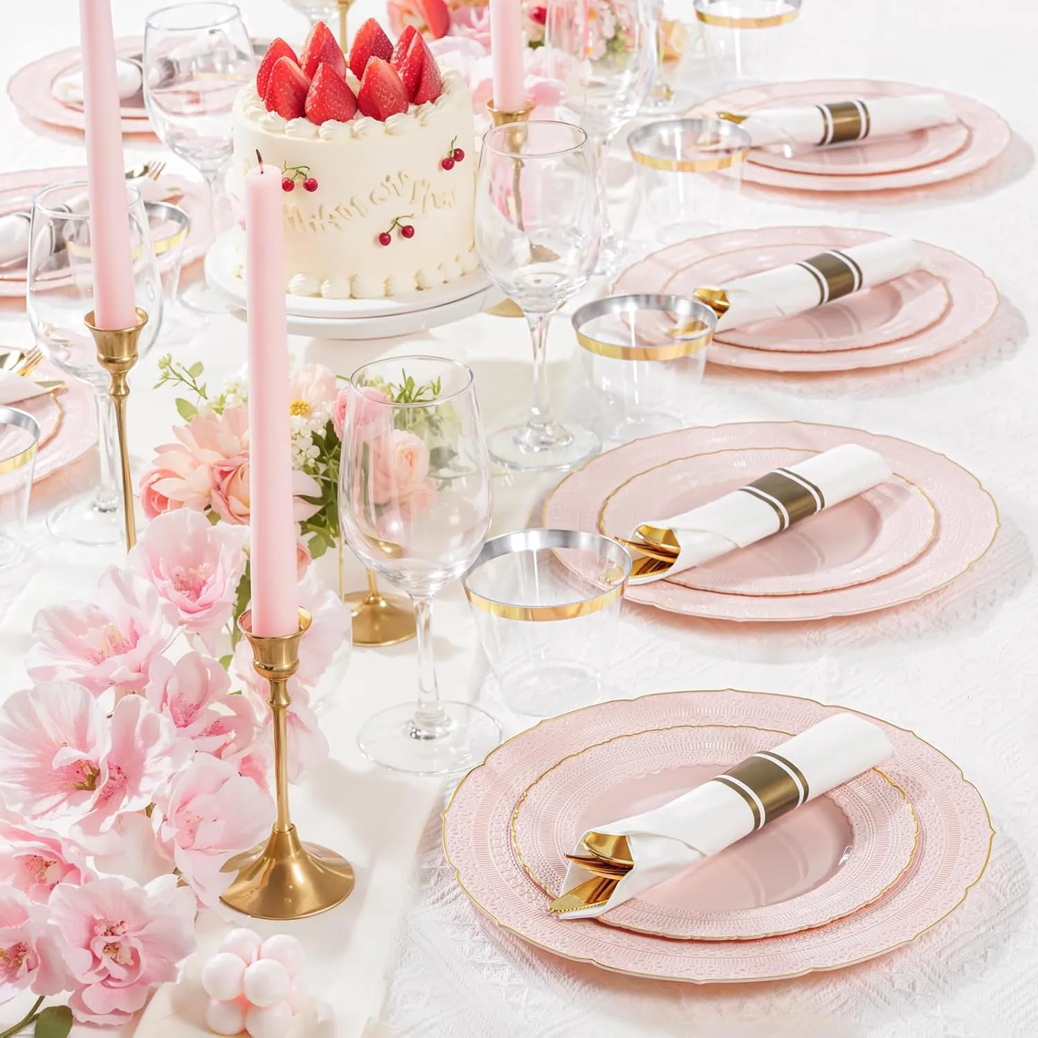 Nervure 175PCS Pink Plastic Plates - Pink Gold Disposable Lace Plate for 25 Guests - 50 Disposable Plates, 25 Pre Rolled Napkins with Cutlery Set, 25 Cups Perfect for Wedding & Party