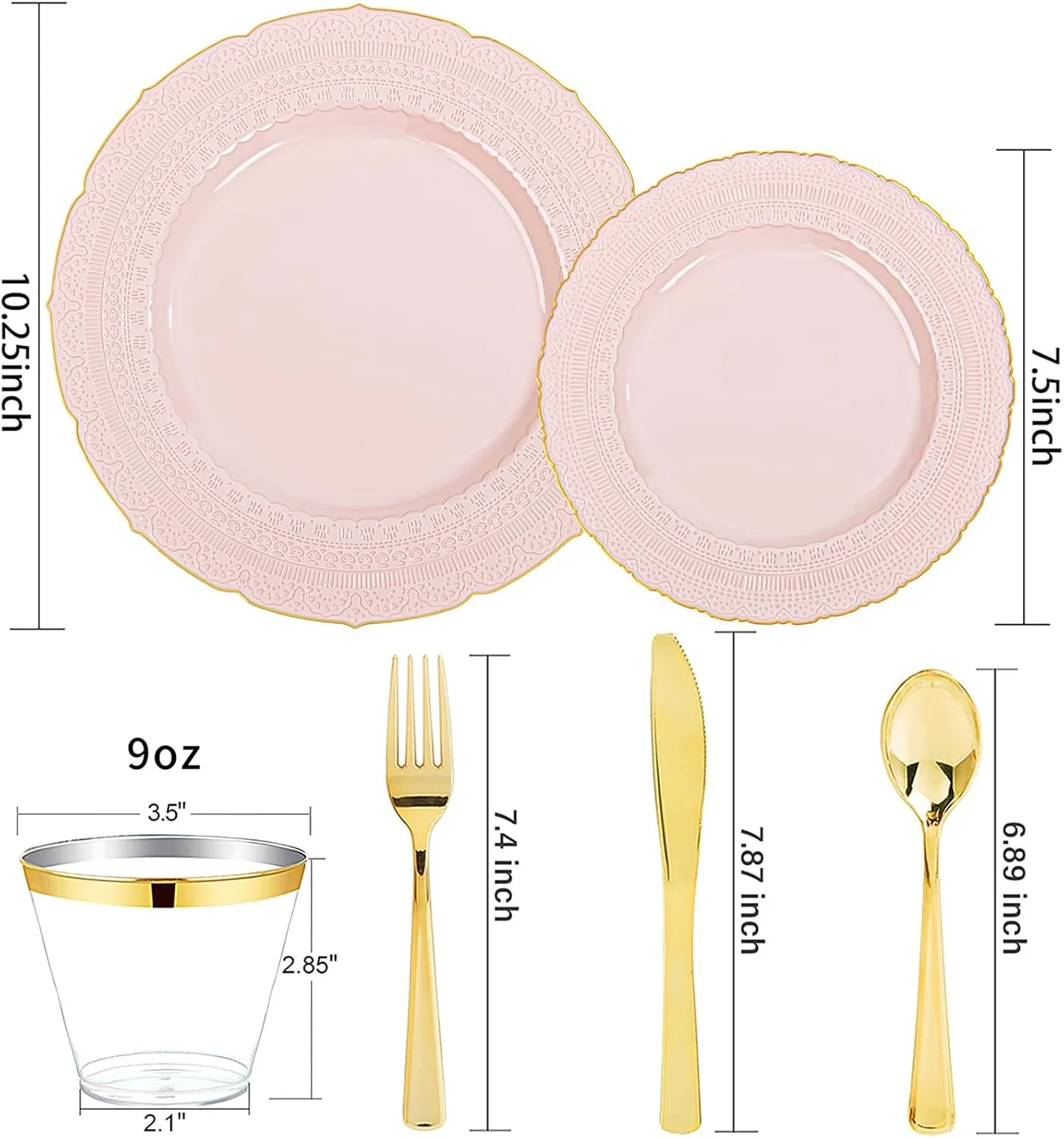 Nervure 175PCS Pink Plastic Plates - Pink Gold Disposable Lace Plate for 25 Guests - 50 Disposable Plates, 25 Pre Rolled Napkins with Cutlery Set, 25 Cups Perfect for Wedding & Party
