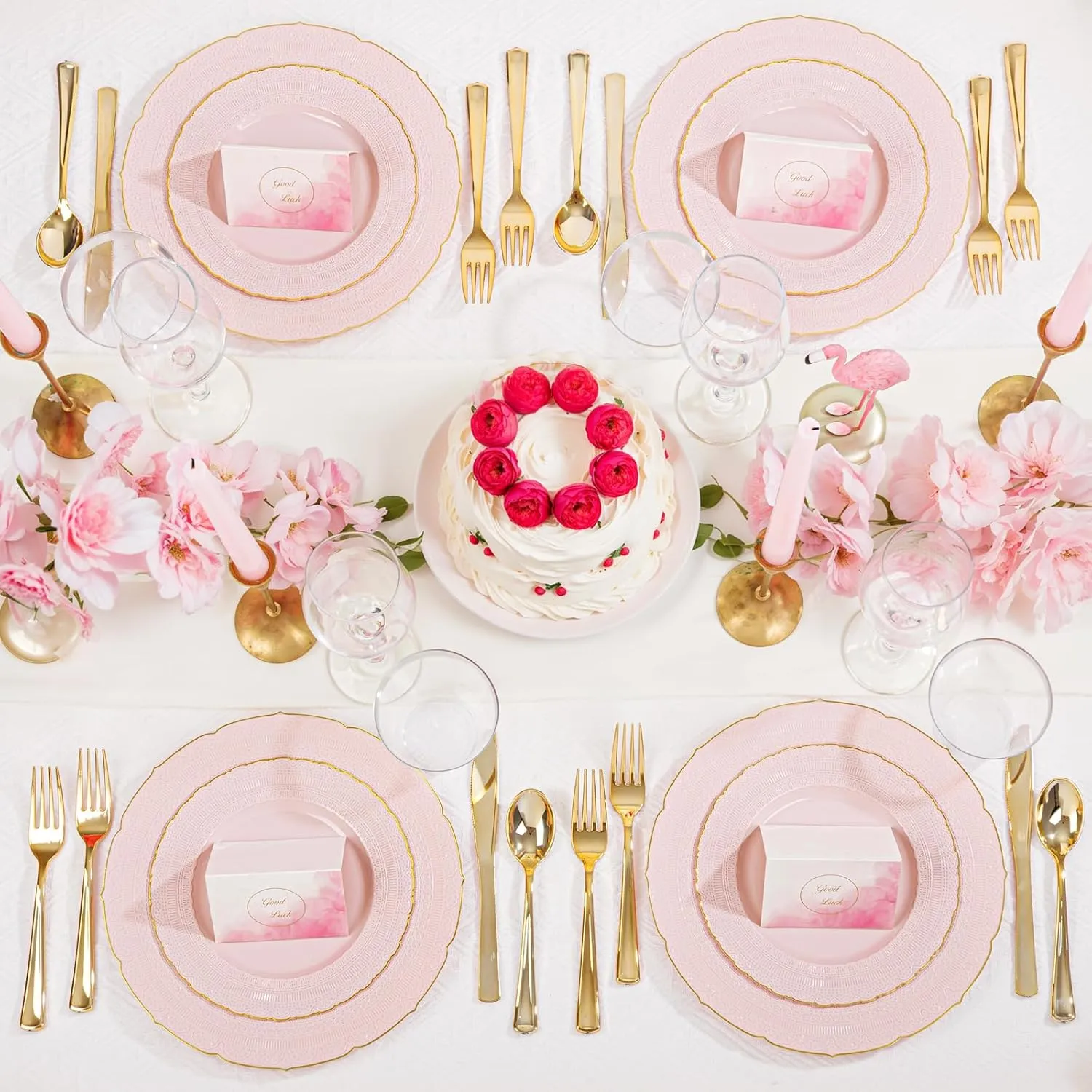 Nervure 175PCS Pink Plastic Plates - Pink Gold Disposable Lace Plate for 25 Guests - 50 Disposable Plates, 25 Pre Rolled Napkins with Cutlery Set, 25 Cups Perfect for Wedding & Party