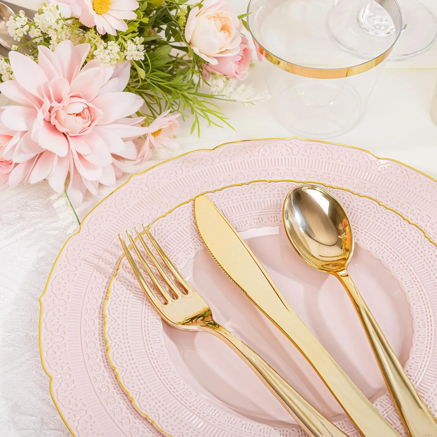 Nervure 175PCS Pink Plastic Plates - Pink Gold Disposable Lace Plate for 25 Guests - 50 Disposable Plates, 25 Pre Rolled Napkins with Cutlery Set, 25 Cups Perfect for Wedding & Party