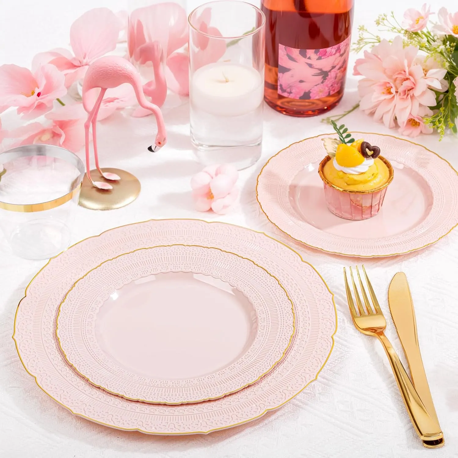 Nervure 175PCS Pink Plastic Plates - Pink Gold Disposable Lace Plate for 25 Guests - 50 Disposable Plates, 25 Pre Rolled Napkins with Cutlery Set, 25 Cups Perfect for Wedding & Party