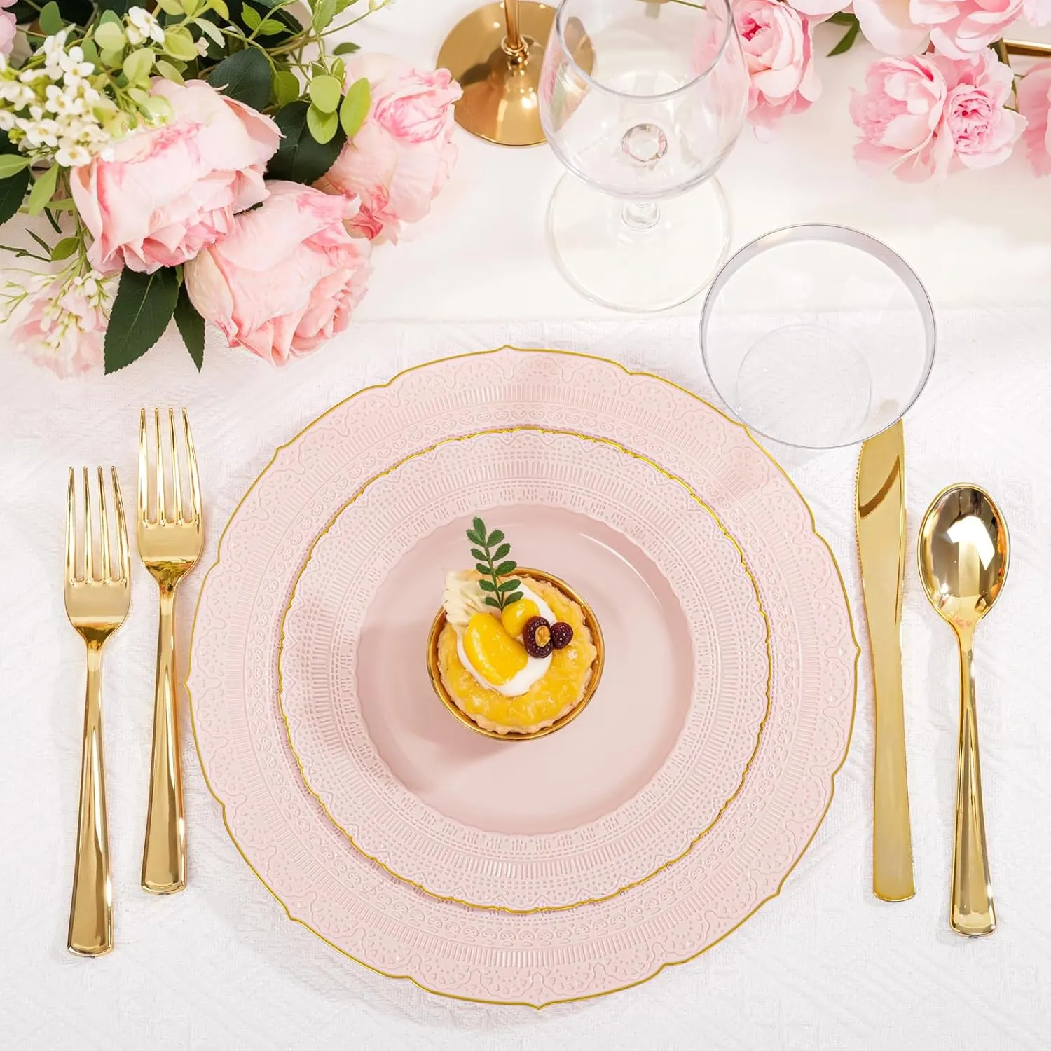 Nervure 175PCS Pink Plastic Plates - Pink Gold Disposable Lace Plate for 25 Guests - 50 Disposable Plates, 25 Pre Rolled Napkins with Cutlery Set, 25 Cups Perfect for Wedding & Party