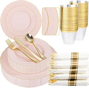 Nervure 175PCS Pink Plastic Plates - Pink Gold Disposable Lace Plate for 25 Guests - 50 Disposable Plates, 25 Pre Rolled Napkins with Cutlery Set, 25 Cups Perfect for Wedding & Party