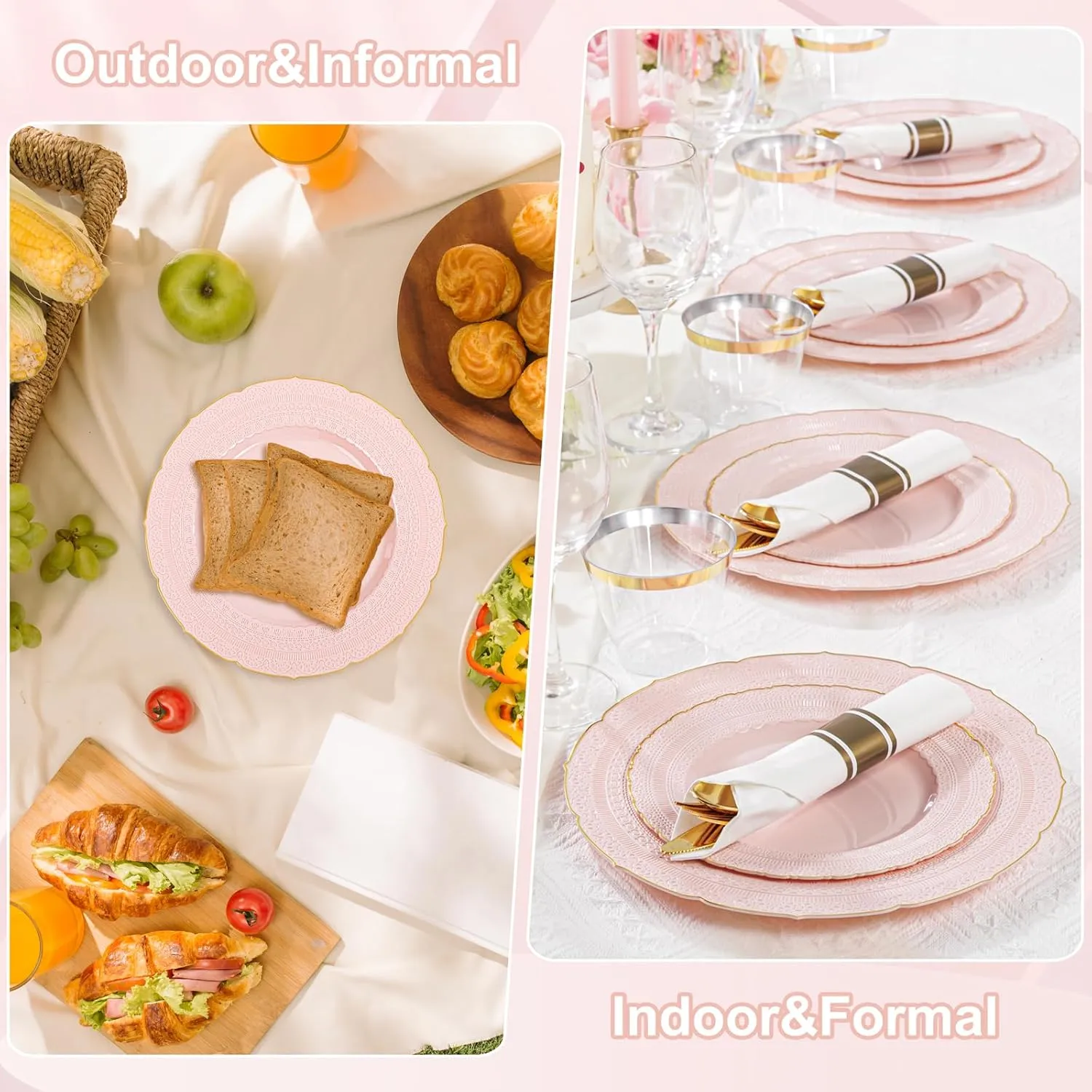 Nervure 175PCS Pink Plastic Plates - Pink Gold Disposable Lace Plate for 25 Guests - 50 Disposable Plates, 25 Pre Rolled Napkins with Cutlery Set, 25 Cups Perfect for Wedding & Party