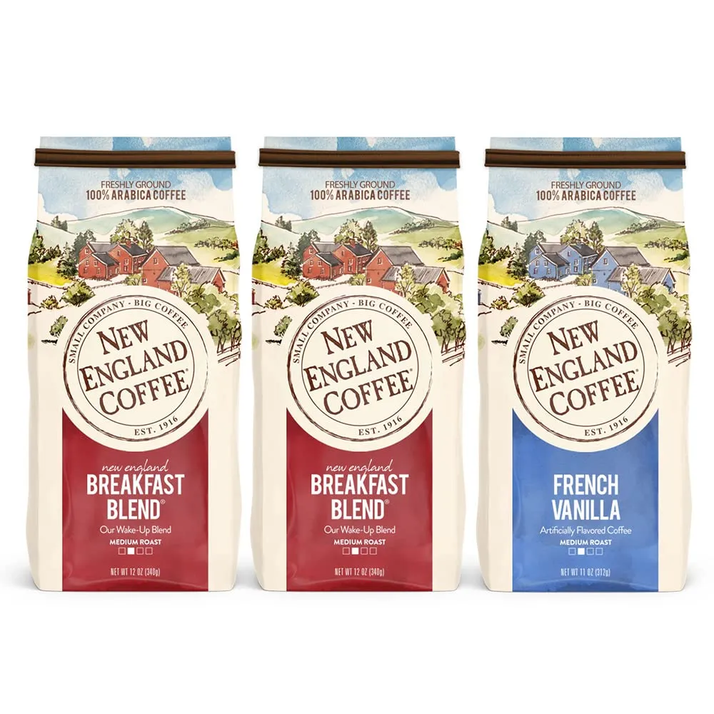 New England Coffee Variety Pack - Breakfast Blend & French Vanilla, 11oz Bag (Pack of 3)