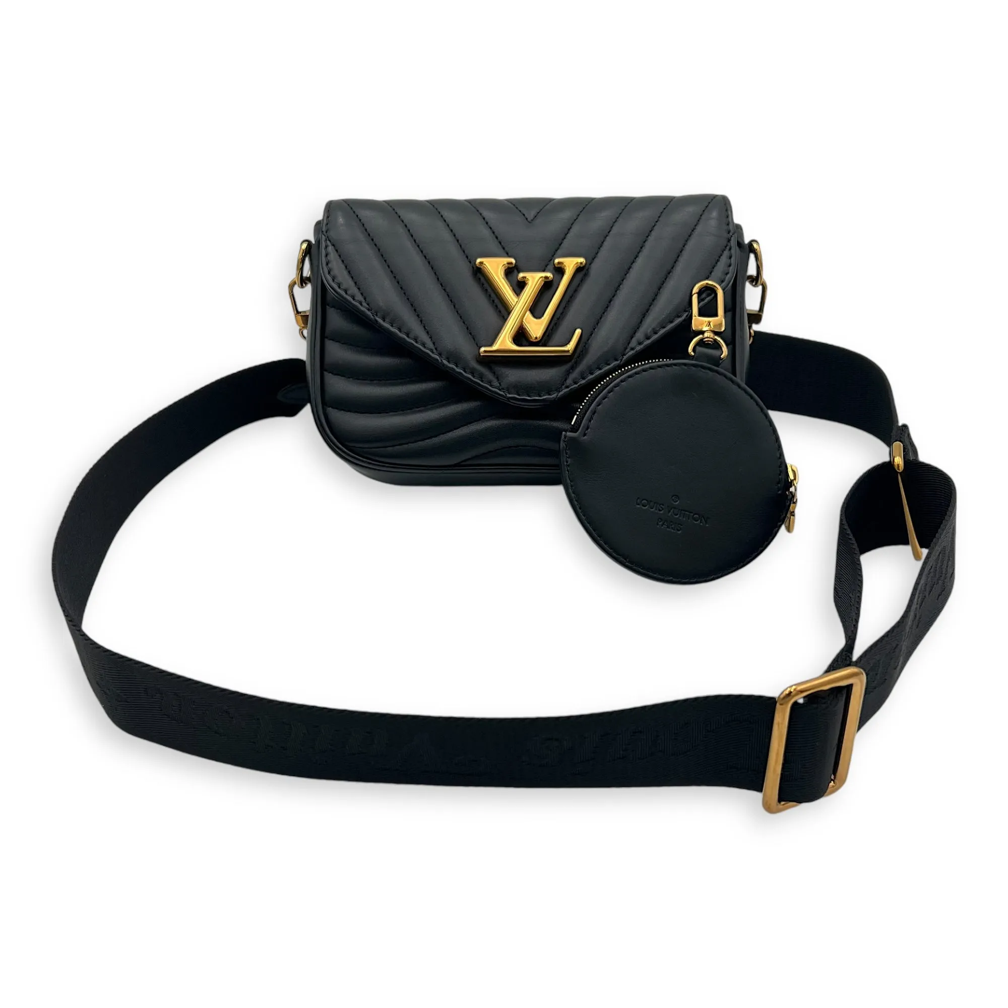 New Wave Black Crossbody Bag in Calfskin, Gold hardware