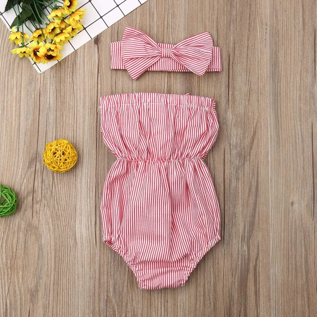 Newborn Baby Girls Romper Jumpsuit Infant Girl Summer Bodysuits Ribbed Short Sleeve One-Piece Headband