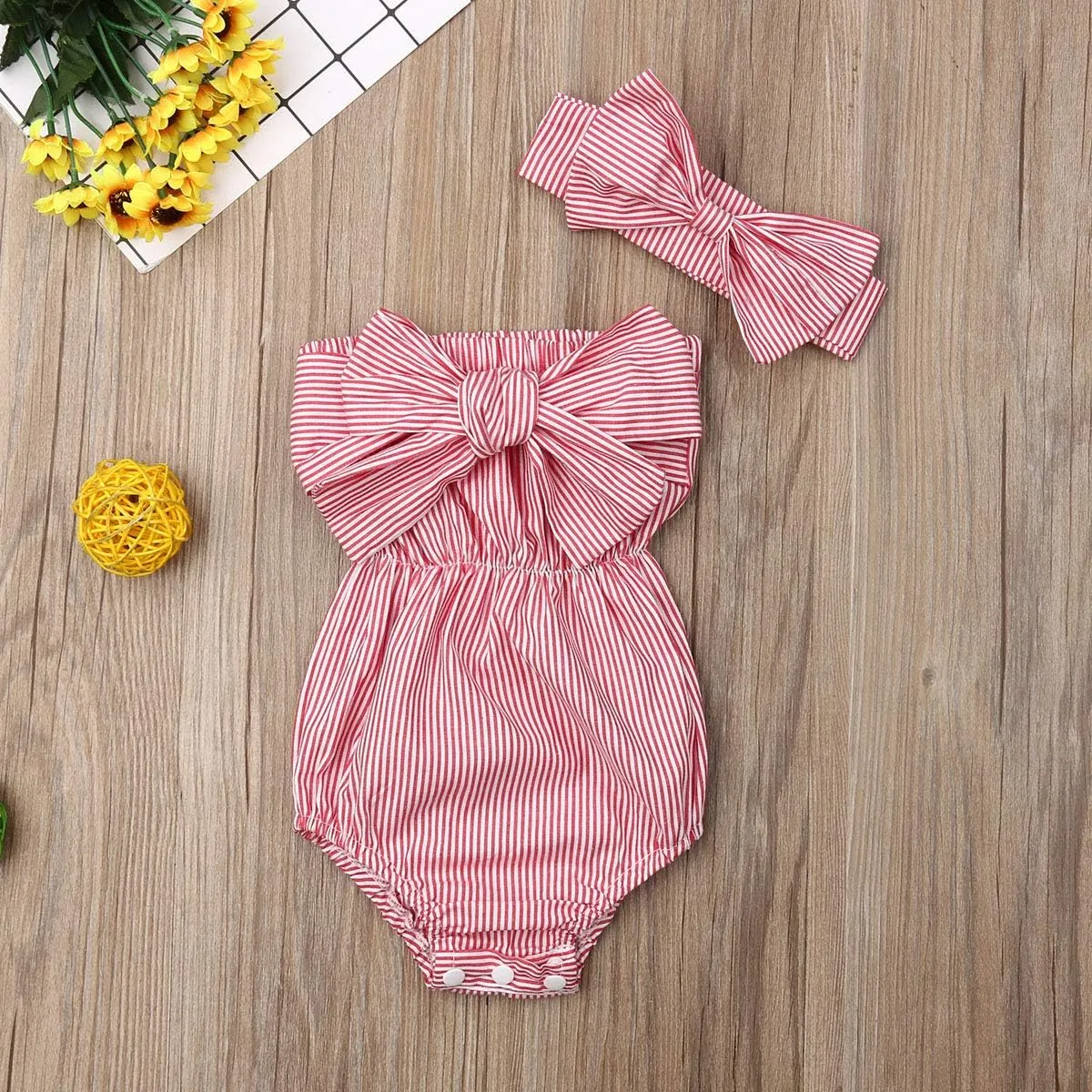 Newborn Baby Girls Romper Jumpsuit Infant Girl Summer Bodysuits Ribbed Short Sleeve One-Piece Headband