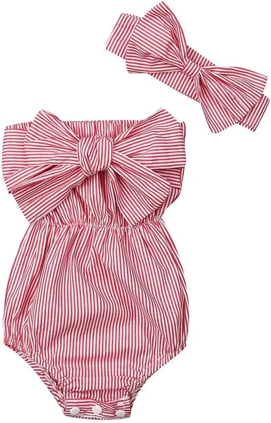 Newborn Baby Girls Romper Jumpsuit Infant Girl Summer Bodysuits Ribbed Short Sleeve One-Piece Headband