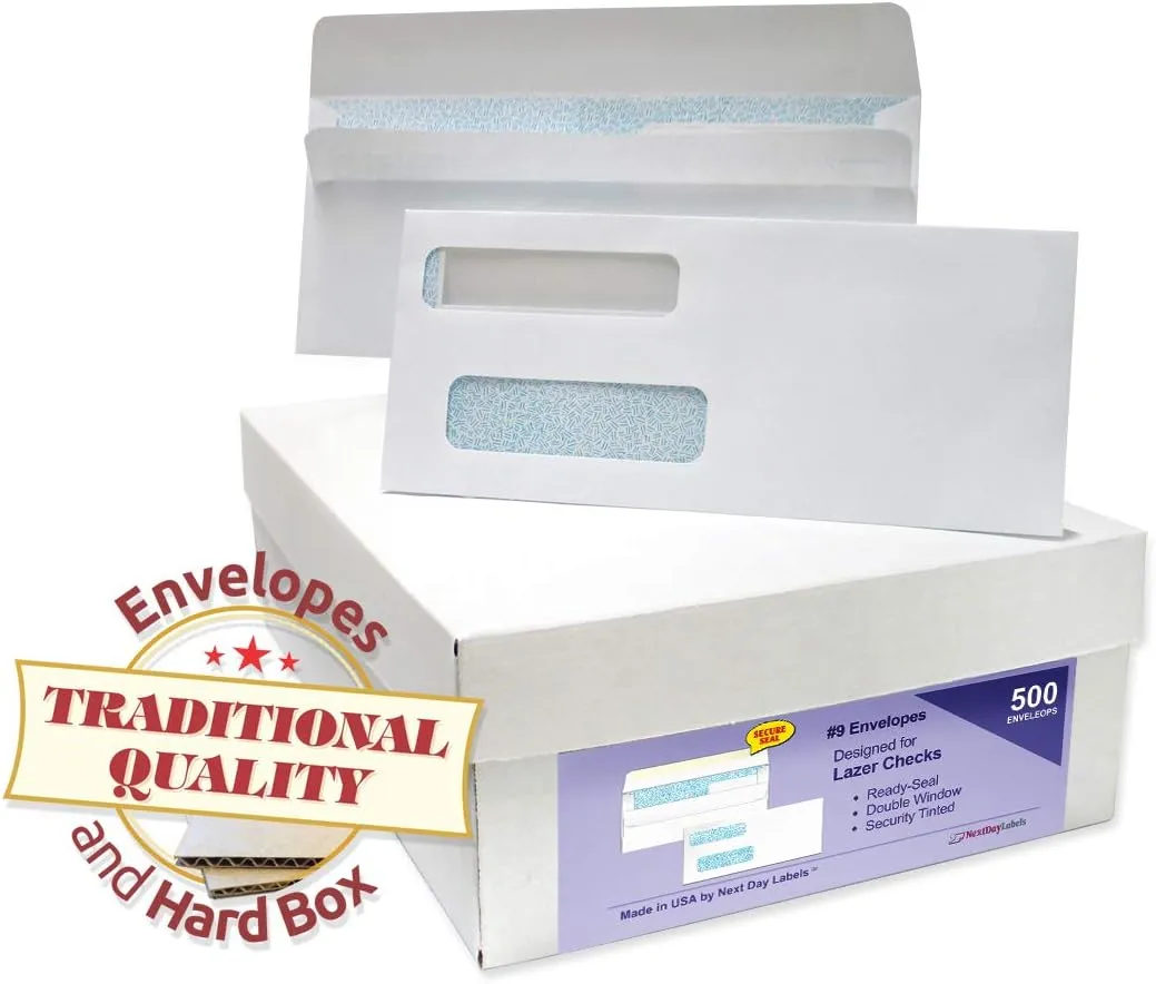 NextDayLabels, #9 Ready-Seal Double Window Security Tinted Check Envelopes, Compatible for QuickBooks Checks, Sage 100 program, Blackbaud Software ETC, Box of 500