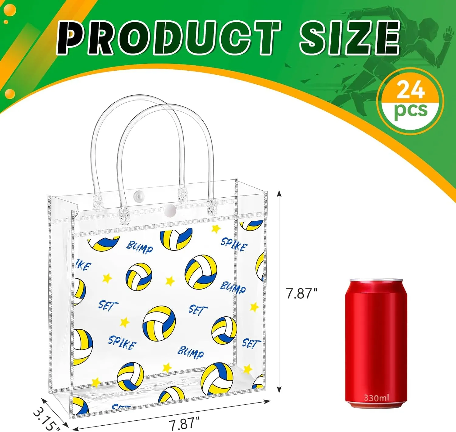 Ohuimrt 24 PCS Clear Plastic Gift Bags with Handles, Volleyball Party Favor Sport Snack Bags Bulk for Theam Birthday, 7.87 x 7.87 x 3.15 Inches