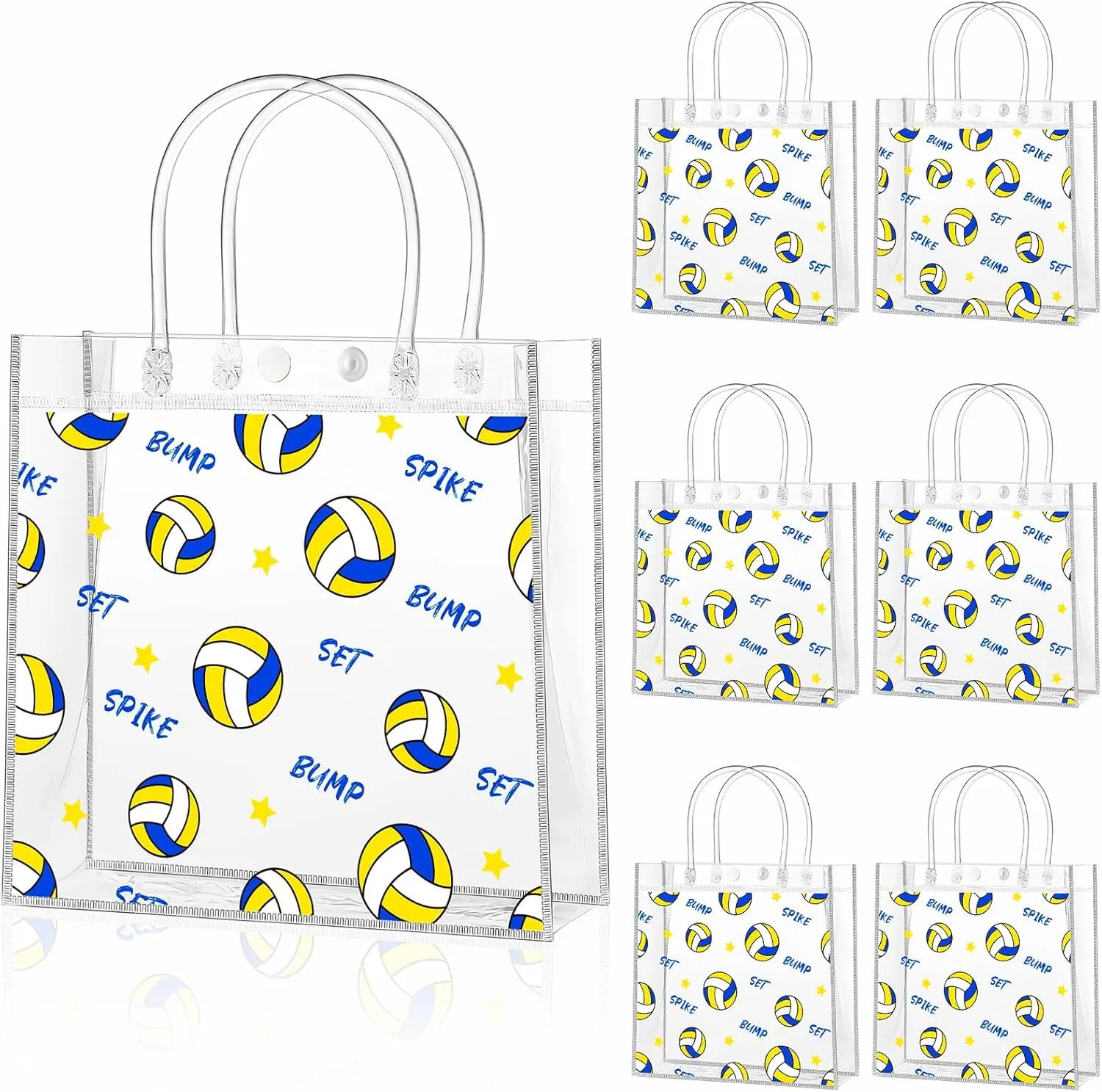 Ohuimrt 24 PCS Clear Plastic Gift Bags with Handles, Volleyball Party Favor Sport Snack Bags Bulk for Theam Birthday, 7.87 x 7.87 x 3.15 Inches