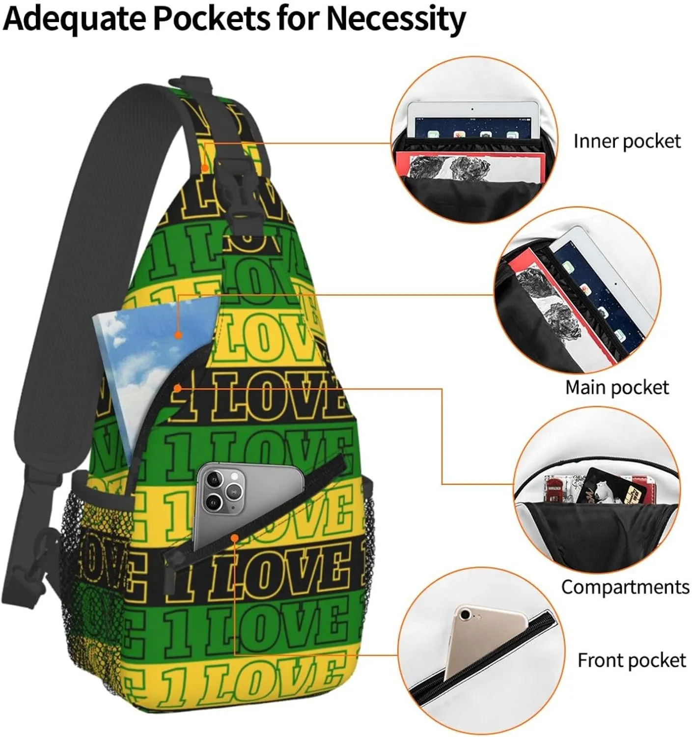 One Loves Jamaican Rasta Reggae Sling Bag Adjustable Crossbody Bag Casual Chest Bags Travel Shoulder Backpack