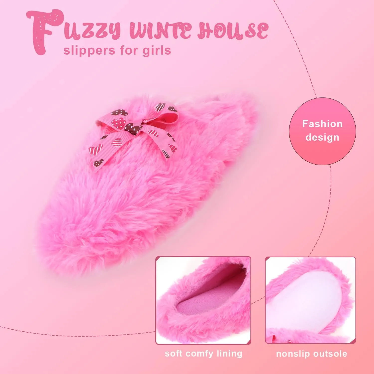 Onmygogo Girls Fuzzy Winter Indoor Slippers with Floral Bowknot, Warm Cozy Plush House Slippers for Little Big Kids Girls