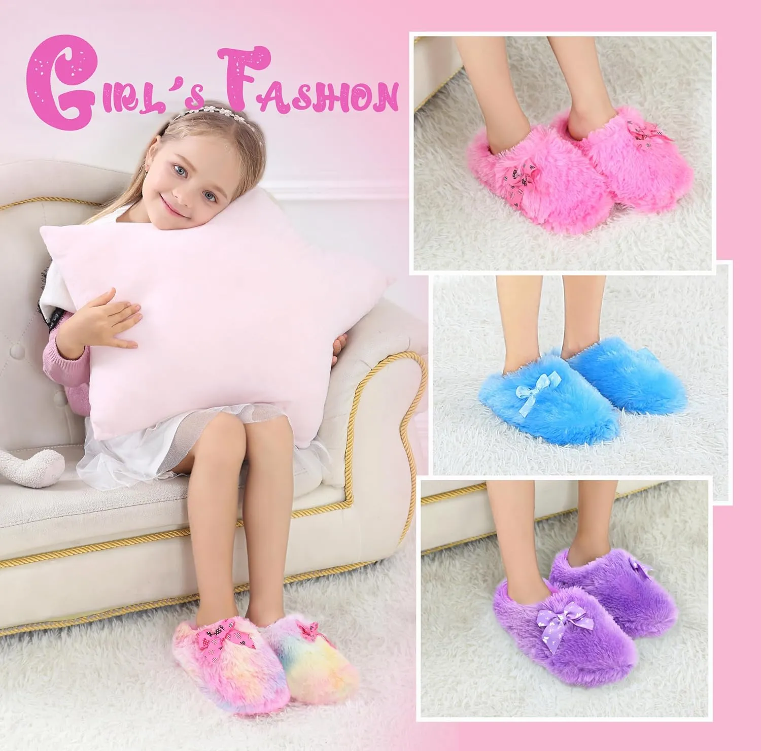 Onmygogo Girls Fuzzy Winter Indoor Slippers with Floral Bowknot, Warm Cozy Plush House Slippers for Little Big Kids Girls