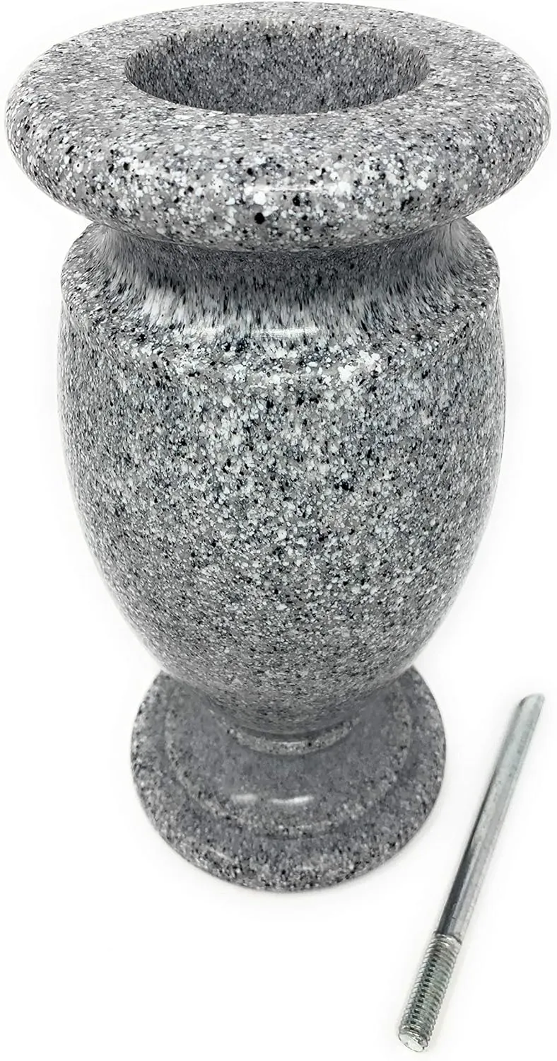OPTIMUM Greek Memorial Cemetery Flower Vase - Plastic (Light Grey Granite Drainage Hole) with Metal Ground Spike, Grave Marker, Decorations for Gravesite, Headstone Flowers Holder, Garden Lawn