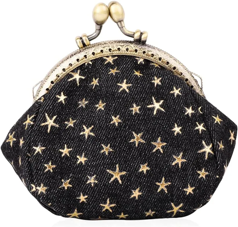 Oyachic Five-Pointed Star Coin Purse Denim Change Pouch Wallets Buckle with Kisslock Clasp Coin Holder Clutch Handbags for Women Ladies