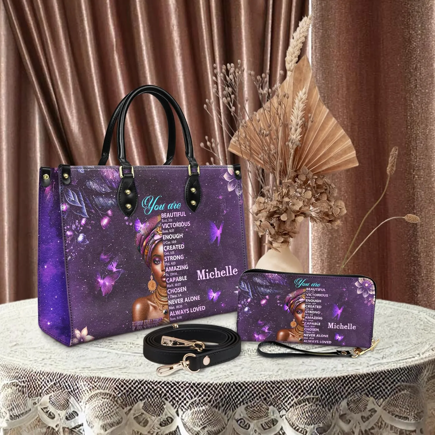 Personalized Leather Handbag For Black African Women – Matching Purse and Wallet Set – Mother's Day Gifts for Melanin Woman