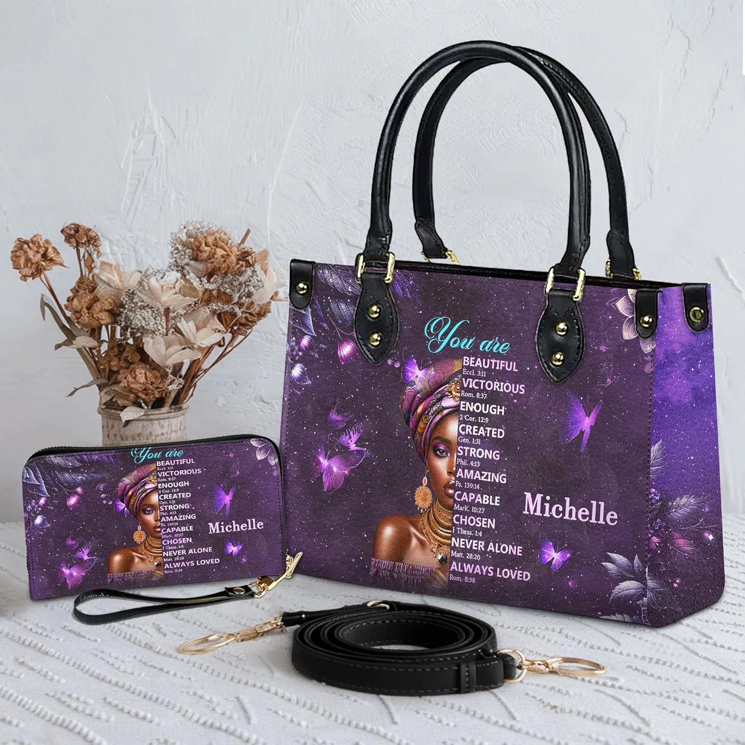 Personalized Leather Handbag For Black African Women – Matching Purse and Wallet Set – Mother's Day Gifts for Melanin Woman
