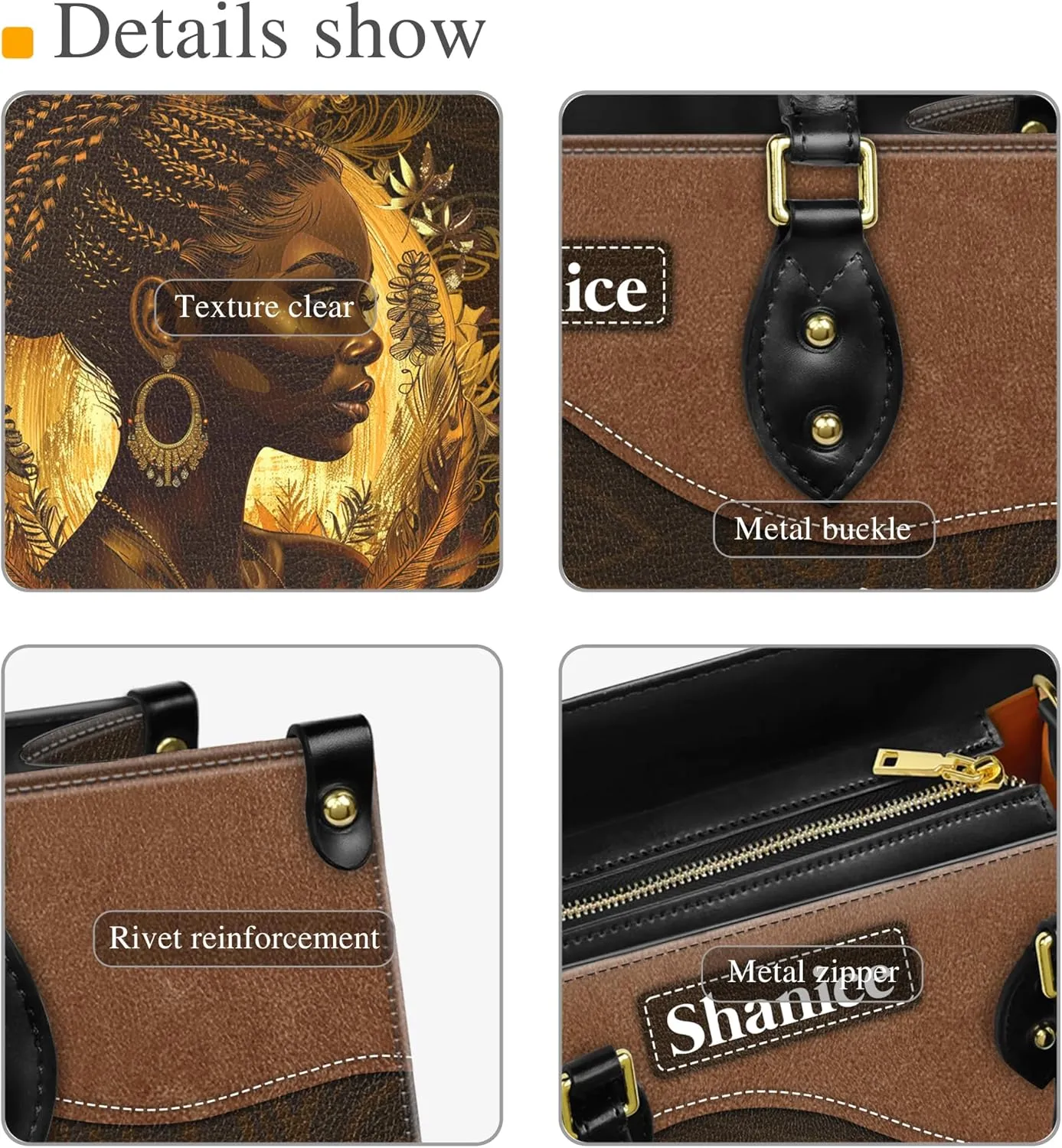 Personalized Leather Handbag with Zipper for African American Woman, Custom Purses Gift For Black Women, Mother's Day Gift