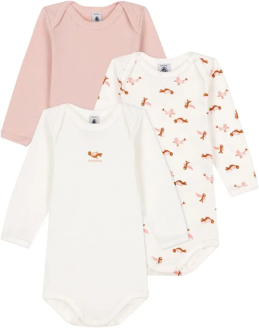Petit Bateau BABIES' BIRD PRINT LONG-SLEEVED COTTON BODYSUITS - 3-PACK SIZES 3-36 MONTHS