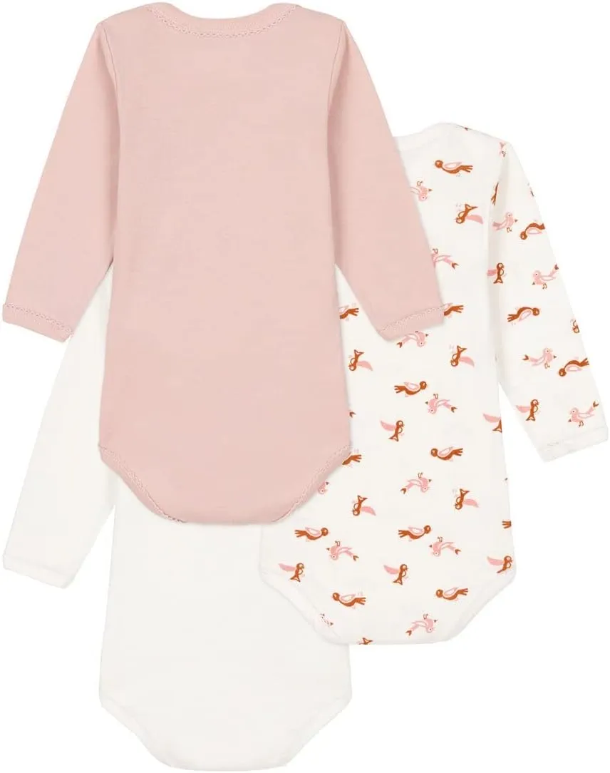 Petit Bateau BABIES' BIRD PRINT LONG-SLEEVED COTTON BODYSUITS - 3-PACK SIZES 3-36 MONTHS