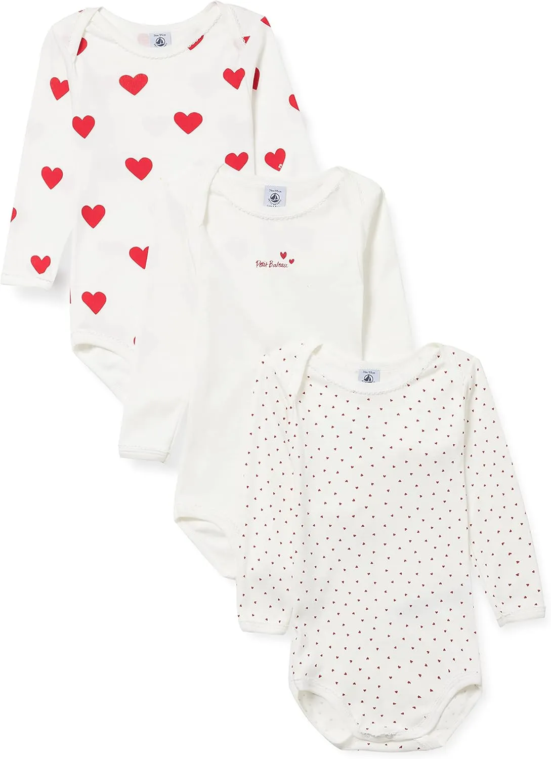 Petit Bateau Babies' Heart Patterned Long-Sleeved Cotton Bodysuits - 3-Pack STYLE A00BC SIZES 3-36 MONTHS
