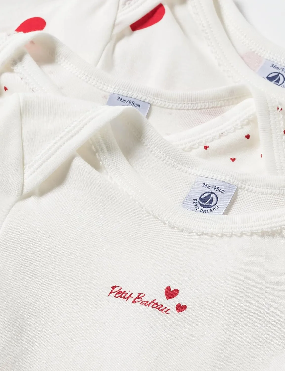 Petit Bateau Babies' Heart Patterned Long-Sleeved Cotton Bodysuits - 3-Pack STYLE A00BC SIZES 3-36 MONTHS