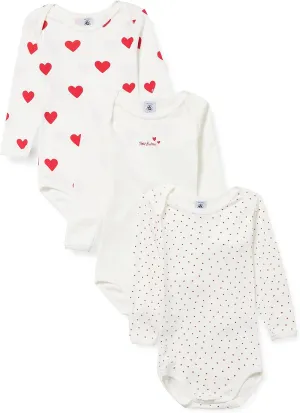 Petit Bateau Babies' Heart Patterned Long-Sleeved Cotton Bodysuits - 3-Pack STYLE A00BC SIZES 3-36 MONTHS