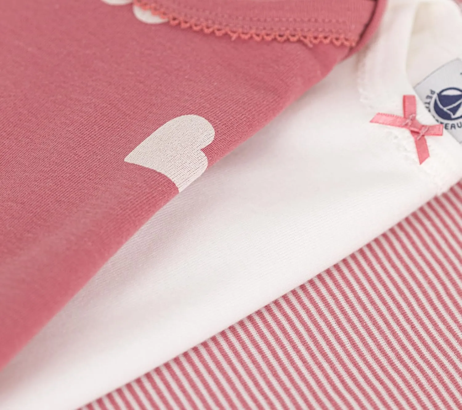 Petit Bateau Babies' long-sleeved heart pattern cotton bodysuits - 3-pack SIZES 3-36 MONTHS