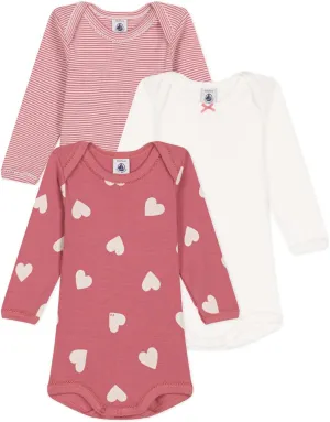 Petit Bateau Babies' long-sleeved heart pattern cotton bodysuits - 3-pack SIZES 3-36 MONTHS