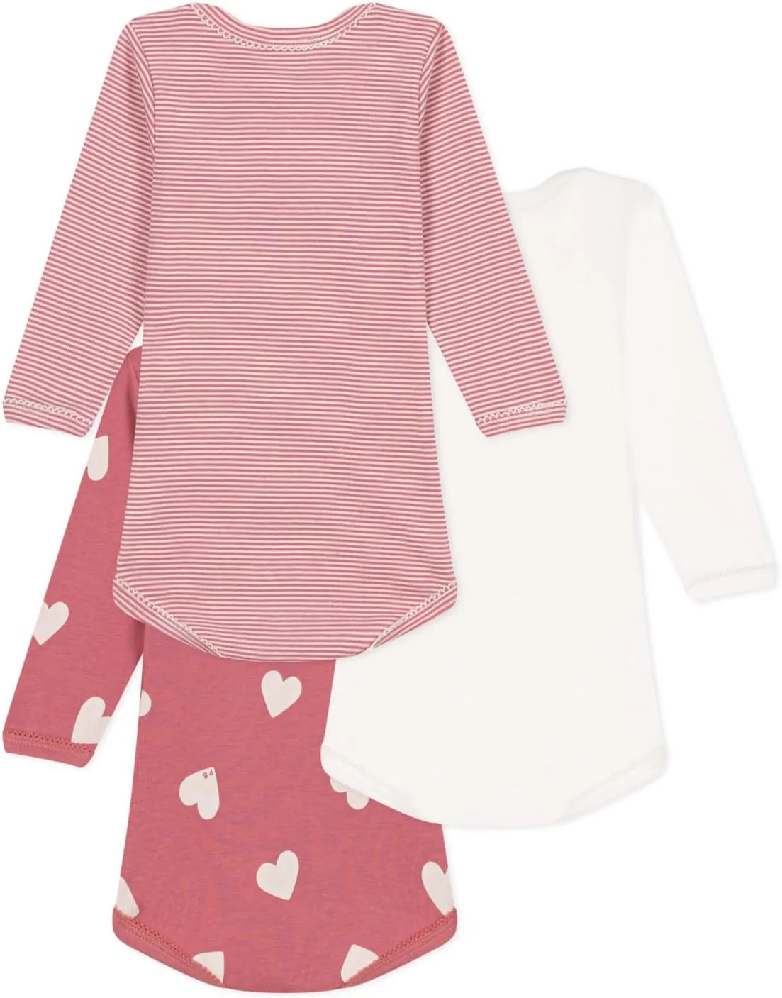 Petit Bateau Babies' long-sleeved heart pattern cotton bodysuits - 3-pack SIZES 3-36 MONTHS