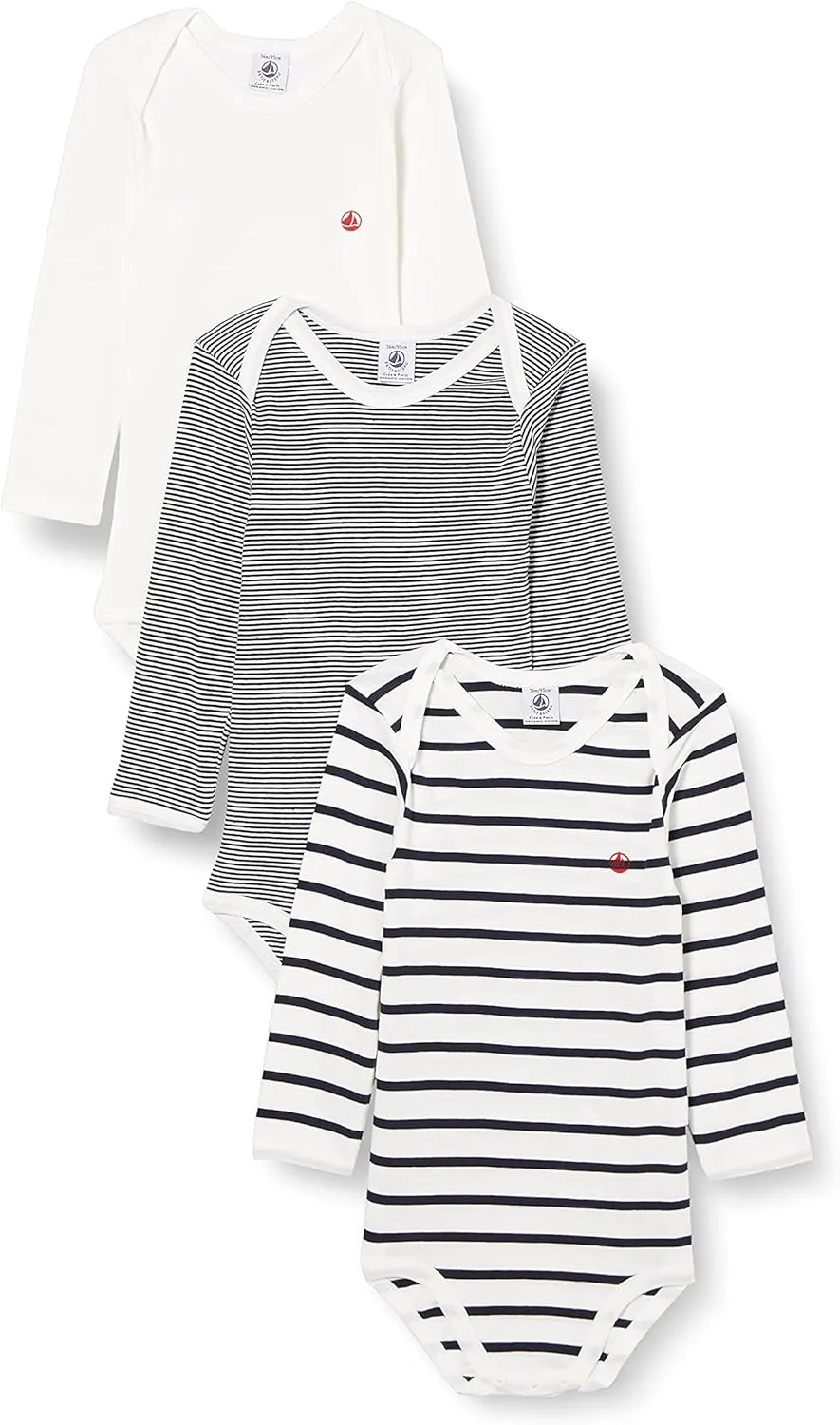 Petit Bateau Babies' Long-Sleeved Stripy Cotton Bodysuits - 3-Pack STYLE A01TB SIZES 3-36 MONTHS