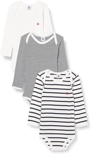 Petit Bateau Babies' Long-Sleeved Stripy Cotton Bodysuits - 3-Pack STYLE A01TB SIZES 3-36 MONTHS