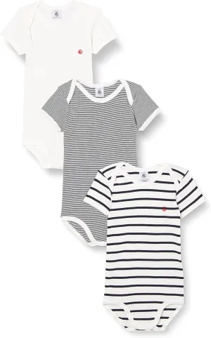 Petit Bateau Babies' Short-Sleeved Stripy Cotton Bodysuits - 3-Pack STYLE A01TC SIZES 3-36 MONTHS
