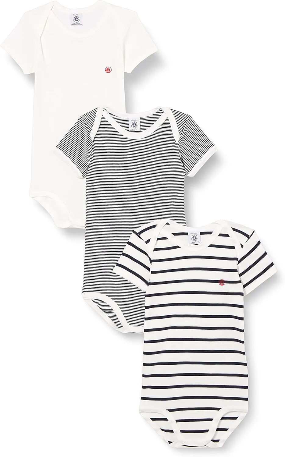 Petit Bateau Babies' Short-Sleeved Stripy Cotton Bodysuits - 3-Pack STYLE A01TC SIZES 3-36 MONTHS