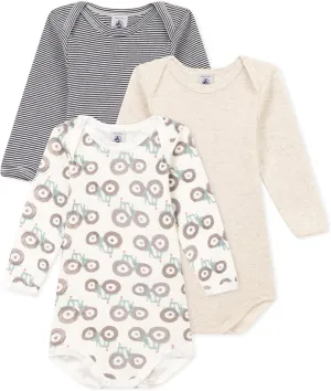 Petit Bateau Babies' Tractor Patterned Long-Sleeved Cotton Bodysuits - 3-Pack SIZES 3-36 MONTHS