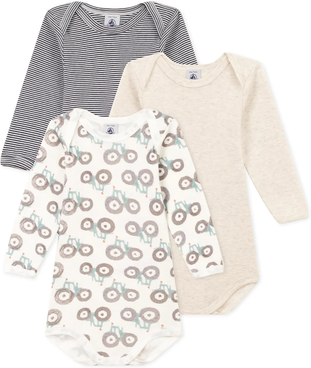 Petit Bateau Babies' Tractor Patterned Long-Sleeved Cotton Bodysuits - 3-Pack SIZES 3-36 MONTHS