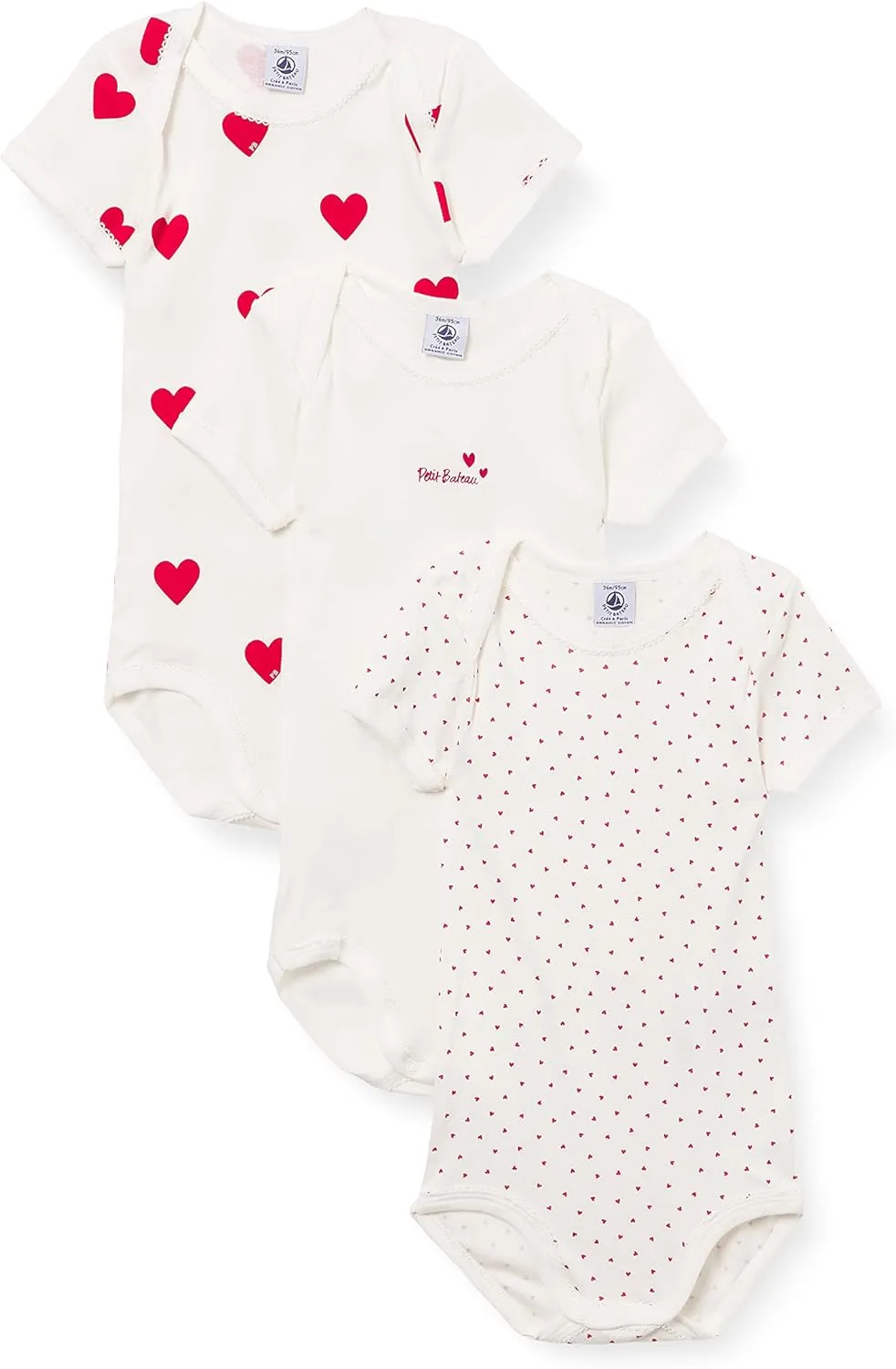 Petit Bateau Baby Girls' Short-Sleeved Heart Pattern Organic Cotton Bodysuits - 3-Pack STYLE A00BB SIZES 1-36 MONTHS …