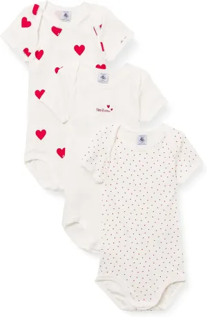 Petit Bateau Baby Girls' Short-Sleeved Heart Pattern Organic Cotton Bodysuits - 3-Pack STYLE A00BB SIZES 1-36 MONTHS …